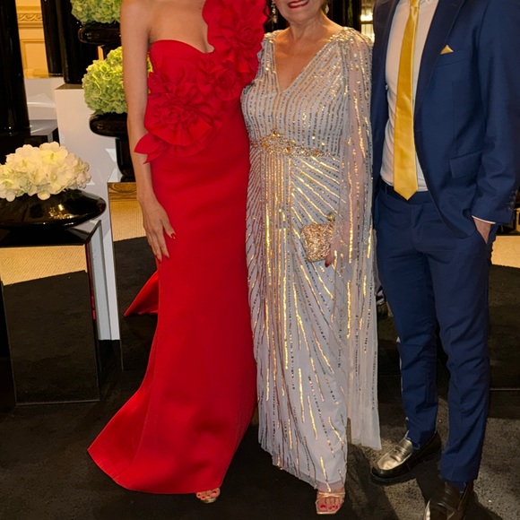 Badgley Mischka Collection Red One-Shoulder Rosette Scuba Gown size 0 - Picture 8 of 10